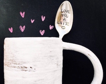 Love you a latte, hand stamped vintage spoon, i love you, coffee lovers, coffee gift, coffee spoon, latte, punny gift