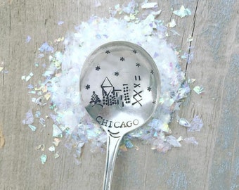 Chicago skyline, Soup Spoon, Hand Stamped Vintage Spoon, chicago, urban, city, Christmastime in the city, holiday, hostess gift, snow globe