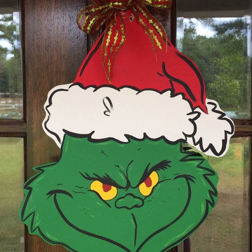 Wooden Grinch Face Door Hanger Etsy