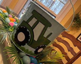 Boy Easter baskets,  metal Easter buckets, personalized baskets, Easter baskets personalized, painted Easter bucket, metal buckets tractor