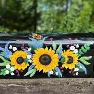 Hand painted mailbox, personalized mailbox, standard mailbox, floral mailbox, custom painted mailbox, sunflowers, butterflies
