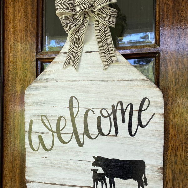 Cow Tag door hanger, door hanger, cow tag, country design, farmhouse decor, cow, calf, home gifts, cow ear, farmhouse tag