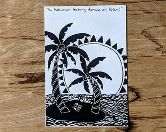 An Inchworm Inching across an Island Linocut Art Print, 4"x6" Linocut, Alliteration Alphabet Series