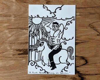 A Hunk Horse Backing in Heaven Art Print, Linocut Art, 4"x6" Linocut.
