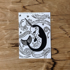A Narwhal Noticing a Nickel Linocut Art Print, Alliteration Alphabet Art Print, 4&quot;x6&quot; Linocut Art Print