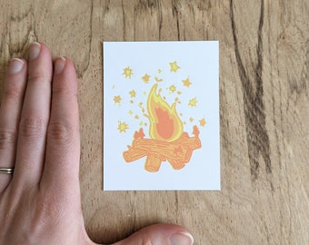 Recycled Paper, Mini Reduction Linocut Print, Campfire Illustration, Art Print