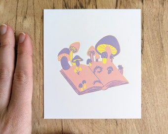 Mushroom Book Linocut Art Print: Recycled Paper Illustration