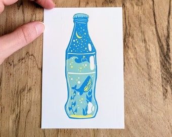 Recycled Paper, Mini Reduction Art Print, World in a Bottle Illustration, Art Print