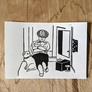 Lone Man/Cowboy Black and White Linocut Relief Print