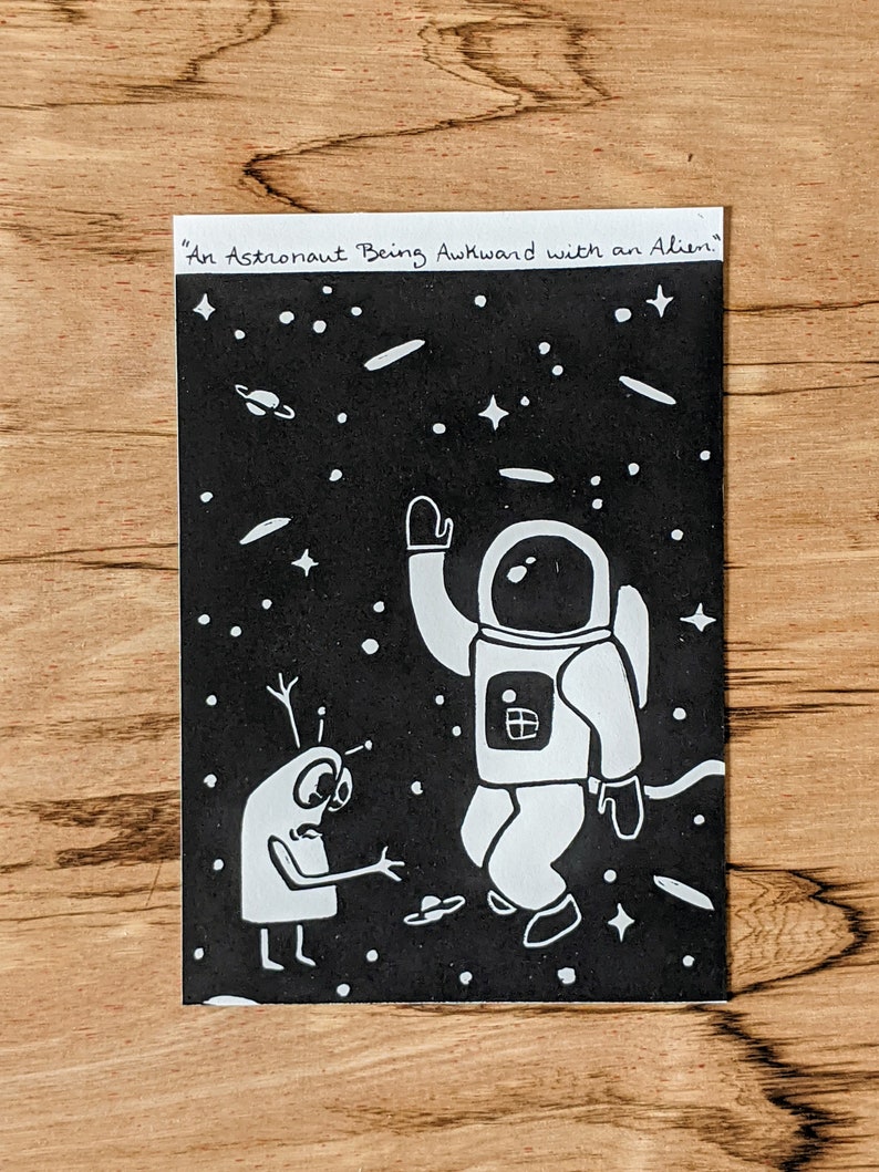 An Astronaut Being Awkward with an Alien, Alphabet Series, Art Print, 4x6 Print image 2