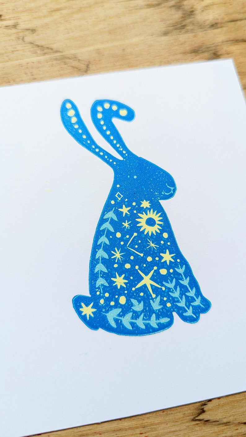 Celestial Bunny Original Reduction Print on Recycled Paper image 4