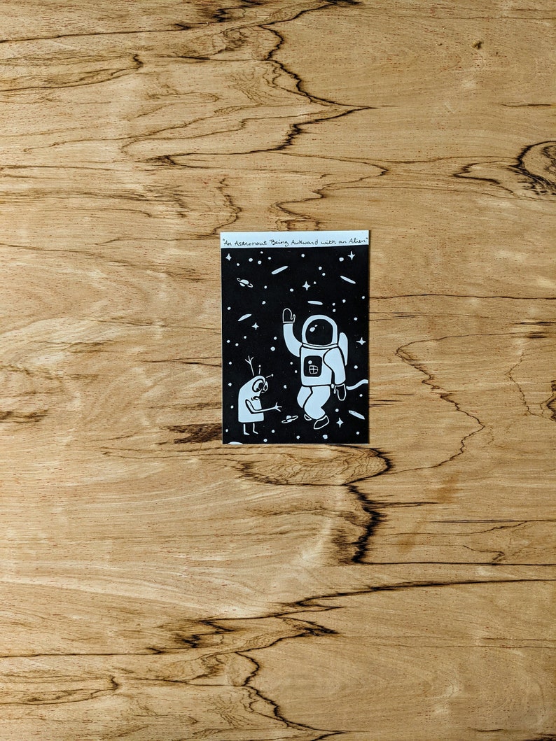 An Astronaut Being Awkward with an Alien, Alphabet Series, Art Print, 4x6 Print image 1