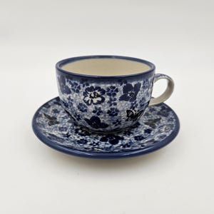 Blue and White Polish Pottery Cup and Saucer