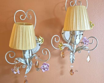 Vintage Italian Tole Wall Sconces with Crystals and Ceramic Roses - Pair
