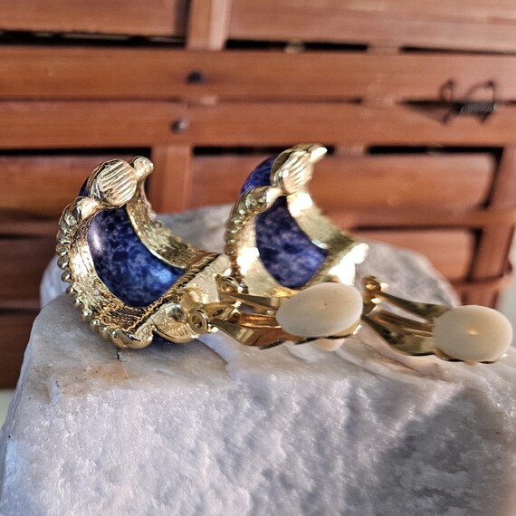 1990's Blue and Gold Clip-On Earrings - image 7
