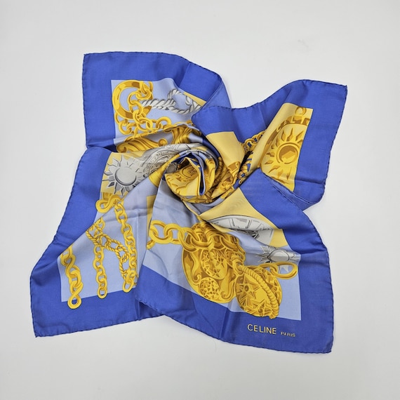 Celine Paris Silk Scarf - Blue, Yellow, and Silver Chain and