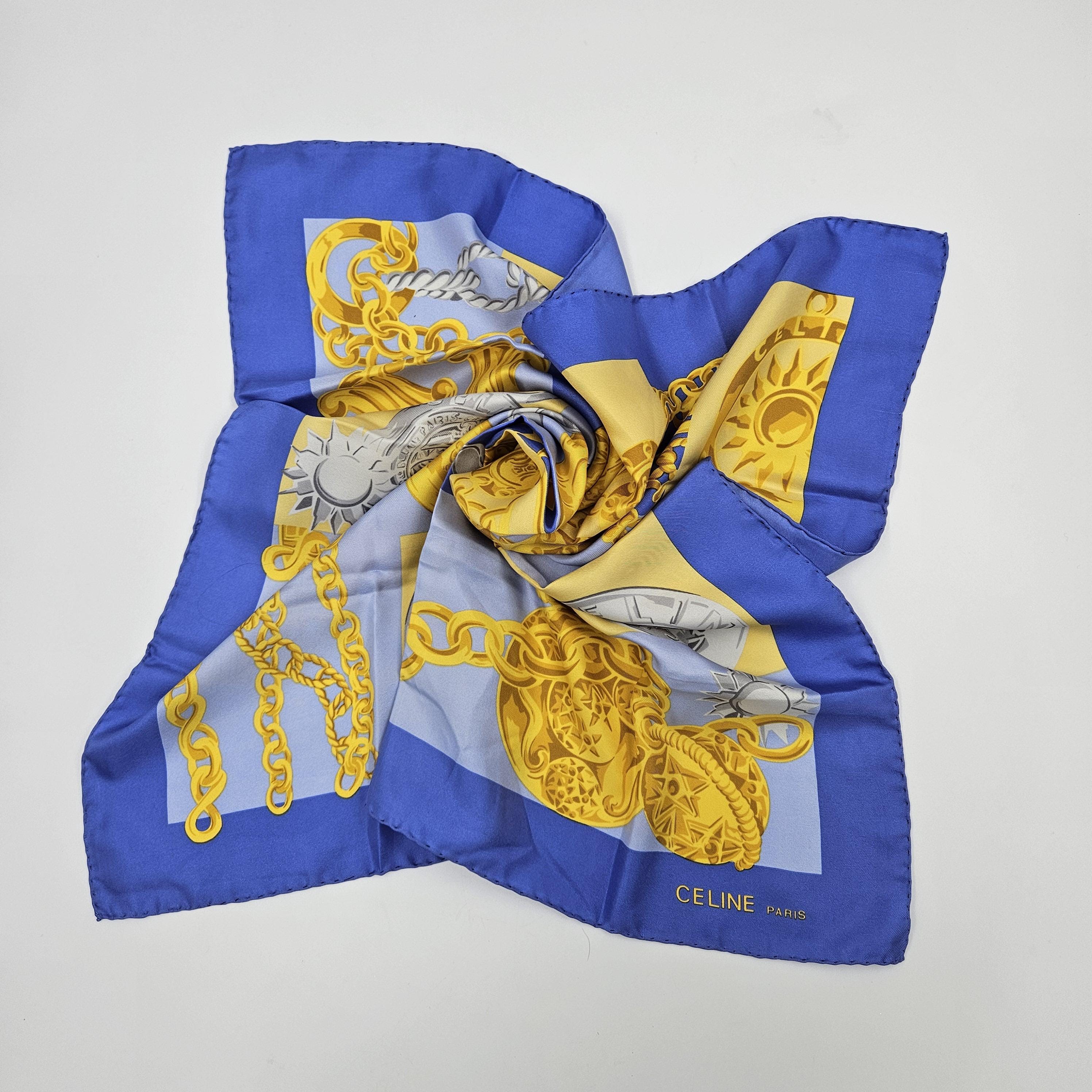 Celine Paris Silk Scarf - Blue, Yellow, and Silver Chain and