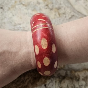 Chunky Red Wooden Bangle Bracelet - Hand-carved Pattern