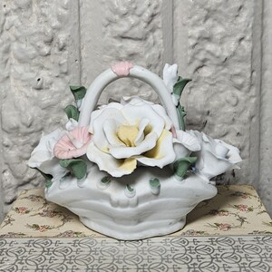 Vintage 1950s Ceramic Bisque Flower Basket – Soft White with Floral Detail – Cottagecore Home Decor