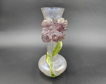 Iridescent Ribbed Glass Vase with Applied Glass Flower and Leaves Possibly Kralik