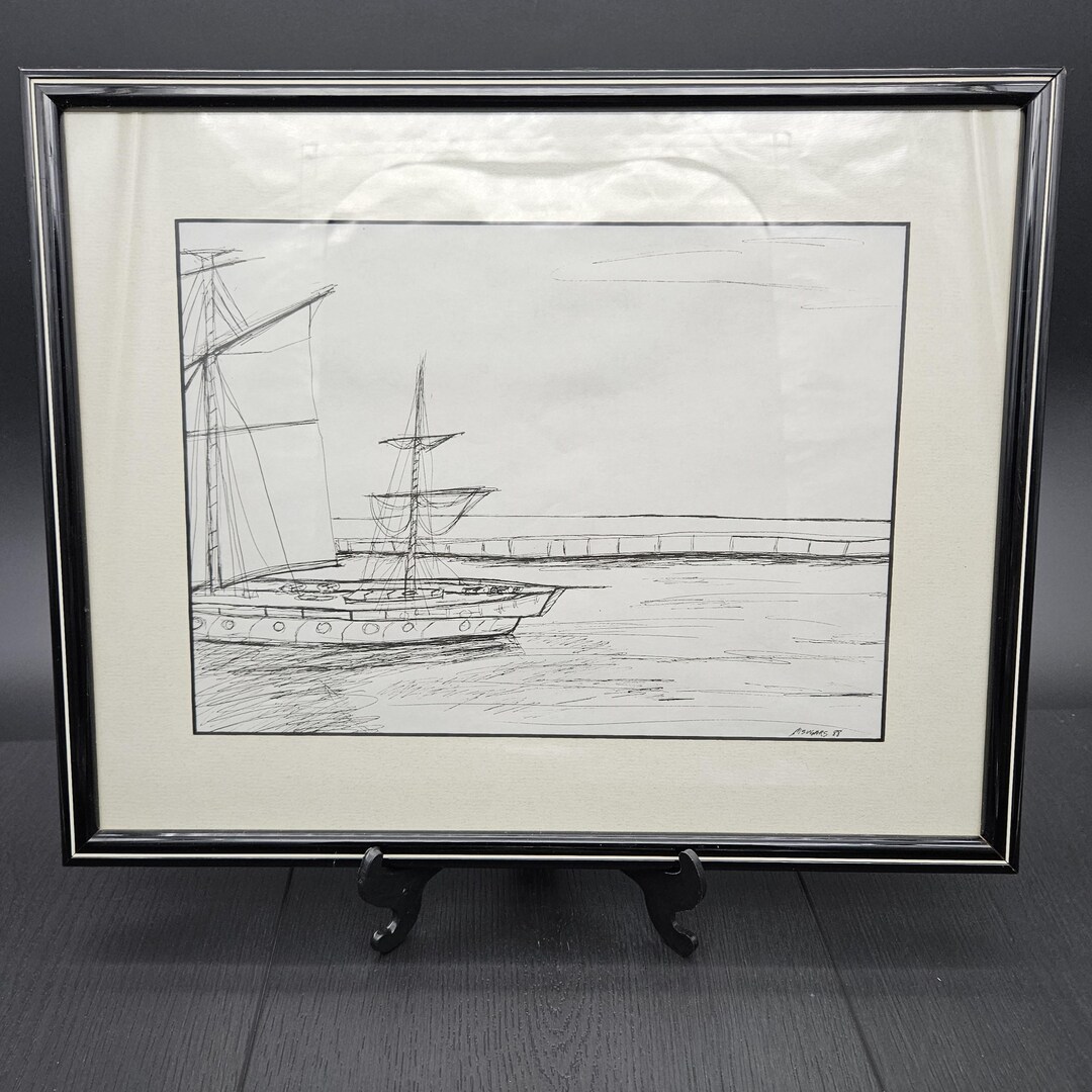 Framed Pen and Ink Drawing of a Sailboat by Martha Sugars - Etsy