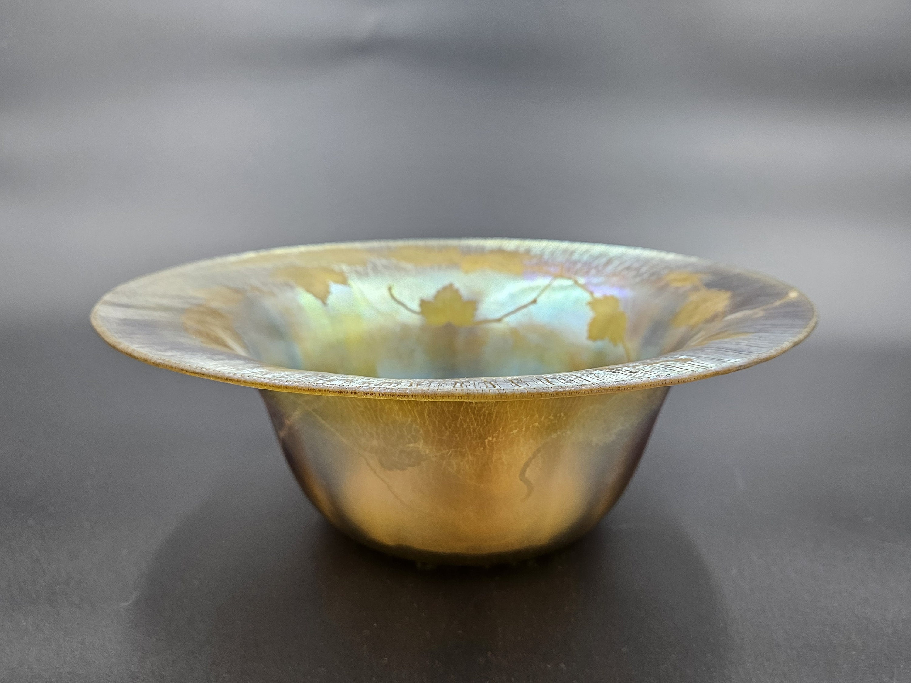 L.C. Tiffany Gold Favrile Glass Bowl With Leaf and Vine L.C. Tiffany Gold Favrile Glass Bowl With Leaf and Vine