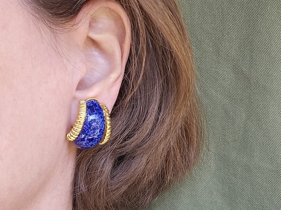 1990's Blue and Gold Clip-On Earrings - image 1