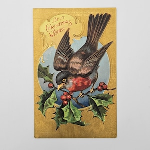 Peut inclure: Une carte postale de Noël vintage représentant un rouge-gorge perché sur une branche de houx avec des baies rouges. L'oiseau est brun et gris avec une poitrine rouge. L'arrière-plan est un cercle doré et bleu avec le texte "Meilleurs vœux de Noël".