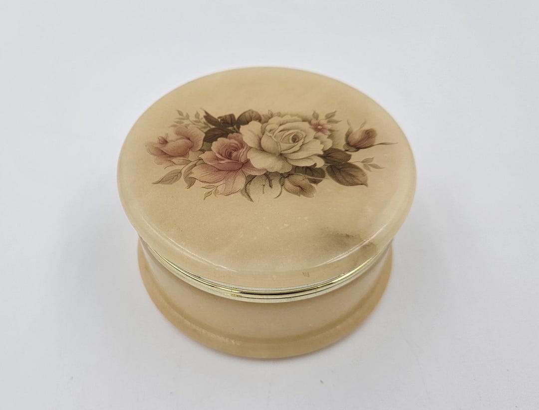 Round Alabaster Box With Rose Decal Made in Italy 3 1/4 Inches Wide - Etsy