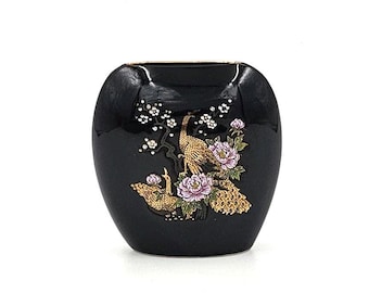 Vintage Glossy Black Porcelain Vase with 2 Peacocks and Flowers