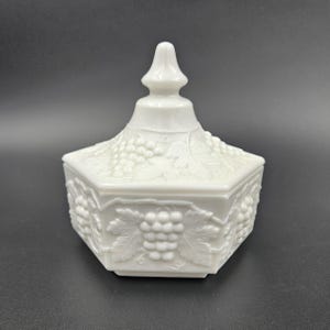 Imperial Glass Lidded Hexagonal Candy Dish Grape Pattern Milk Glass
