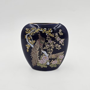 Vintage Glossy Cobalt Blue Porcelain Vase with Floral and Peacock Design