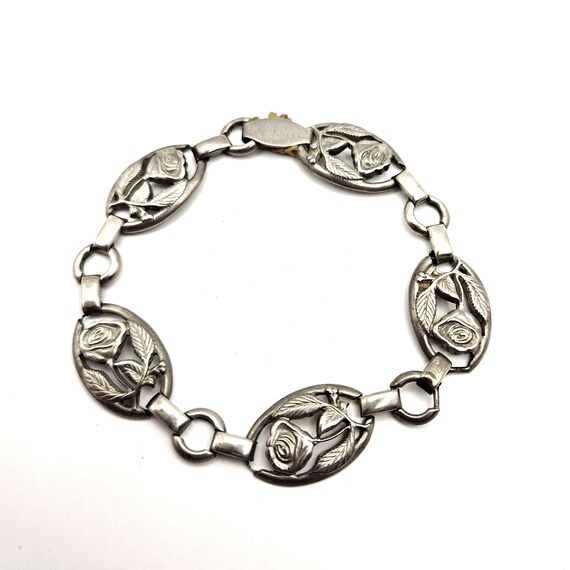Wells Sterling Silver Rose Link Bracelet – Vintage Floral Panel