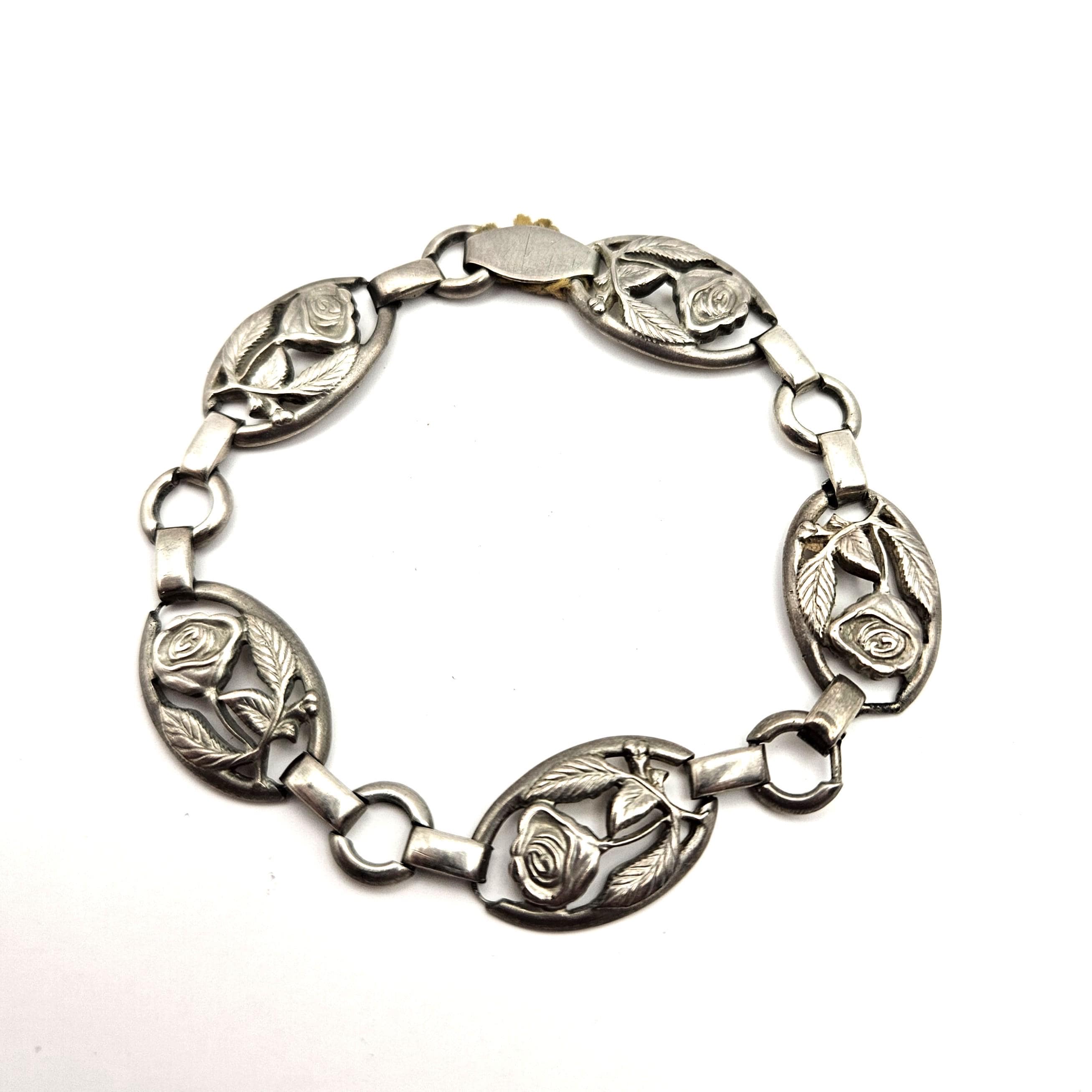 Wells Sterling Silver Rose Link Bracelet – Vintage Floral Panel