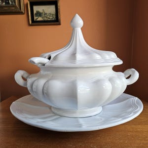 Large White Ceramic Soup Tureen with Matching Platter and Ladle - Made in Italy
