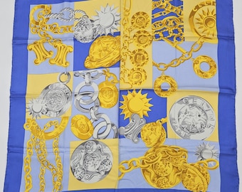 Celine Paris Silk Scarf - Blue, Yellow, and Silver Chain and
