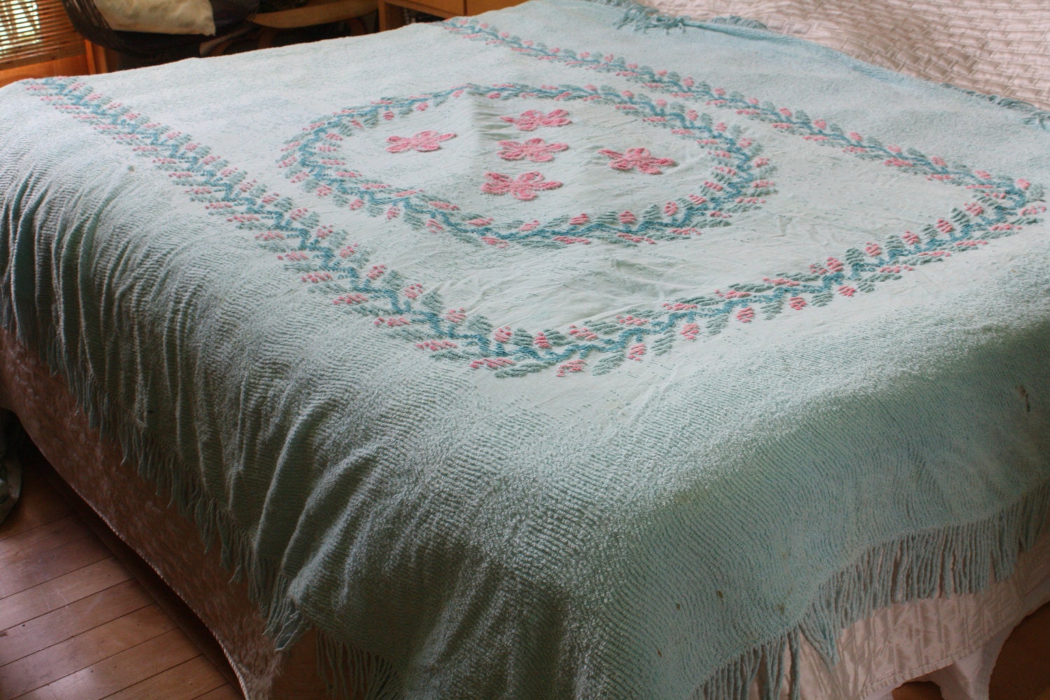 Chenille Fringe Blanket in Blue Floral Print