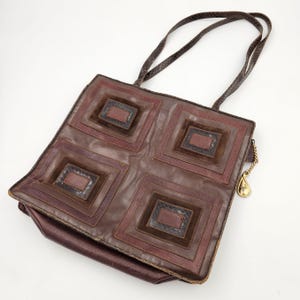 Sharif Brown Leather Tote with Squares of Leather and Snakeskin Embossed Detailing on the Front