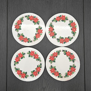 Set of 4 Vinyl Holiday Coasters - Circle of Poinsettias - 4 inches in diameter