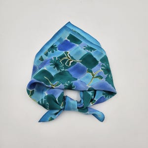 Square Scarf in Cool Tones of Green and Blue - Floral Motif - 21 inches by 20 inches