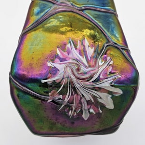 Loetz Style Iridized Glass Vase Square Shape with Threading and Flowers Age Unknown