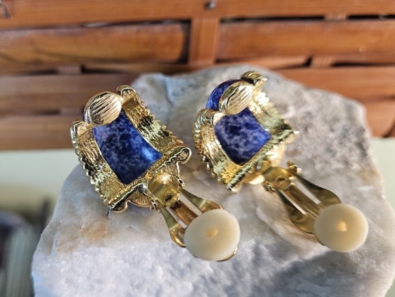 1990's Blue and Gold Clip-On Earrings - image 6