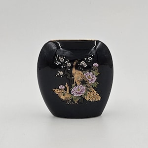 Vintage Glossy Black Porcelain Vase with 2 Peacocks and Flowers