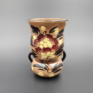Made in Japan Vase Brown Ceramic with Hand Painted Flowers