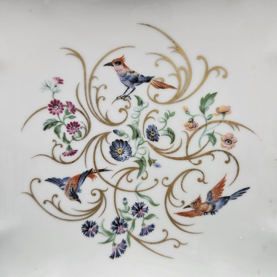 Limoges Castel Square Shallow Bowl Decorated With Birds and Golden