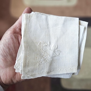 Small White Linen Cocktail Napkins - Set of 3 - Embroidered and Pulled Thread Detailing