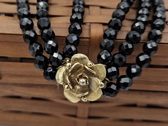 Three Strand Black Glass Bead Necklace with Gold … - image 4