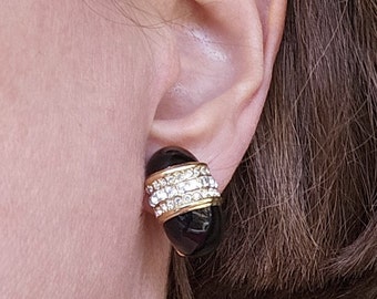 Christian Dior Black Enamel, Gold, and Rhinestone Half-hoop Clip on Earrings