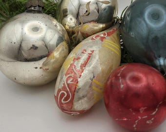 Midcentury Blown Glass Christmas Tree Ornaments - Red and Silver Mercury Glass