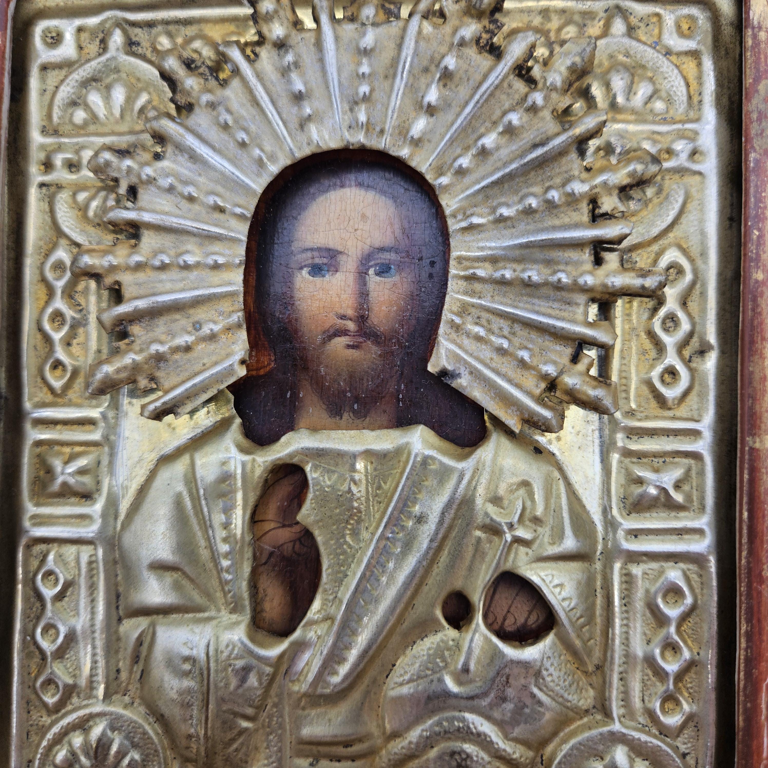 Antique Russian Icon in Wooden Kiot or Icon Case of Christ